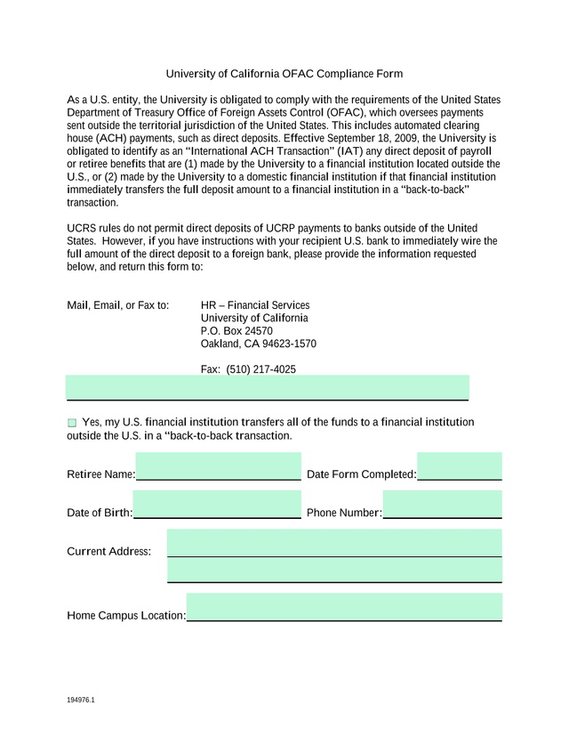 University Of California OFAC Compliance Form screenshot