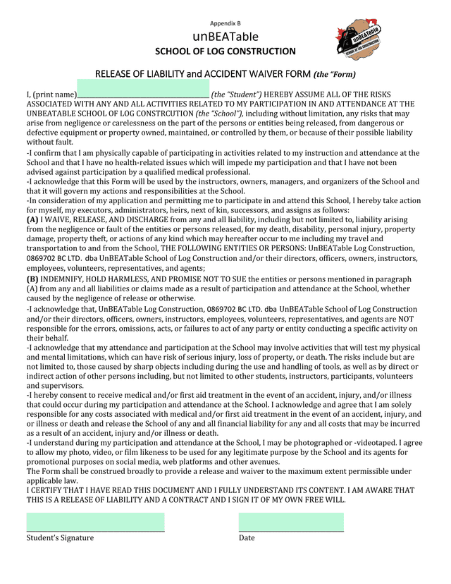 Release Of Liability And Accident Waiver Form screenshot