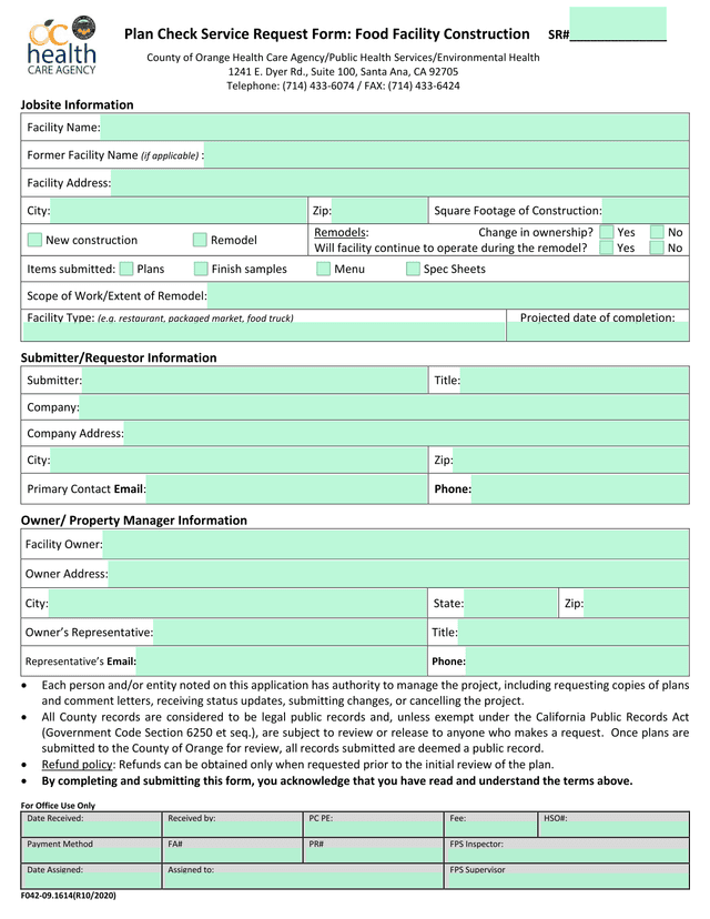 Plan Check Service Request Form Food Facility Construction screenshot
