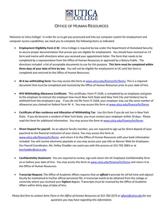 Utica College Employment Processing Forms screenshot