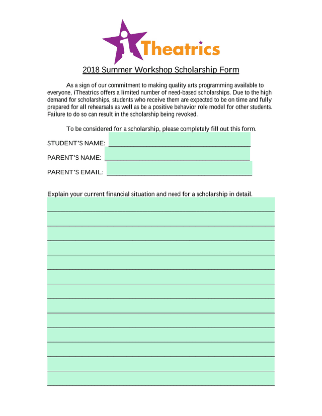 2018 Summer Workshop Scholarship Form screenshot
