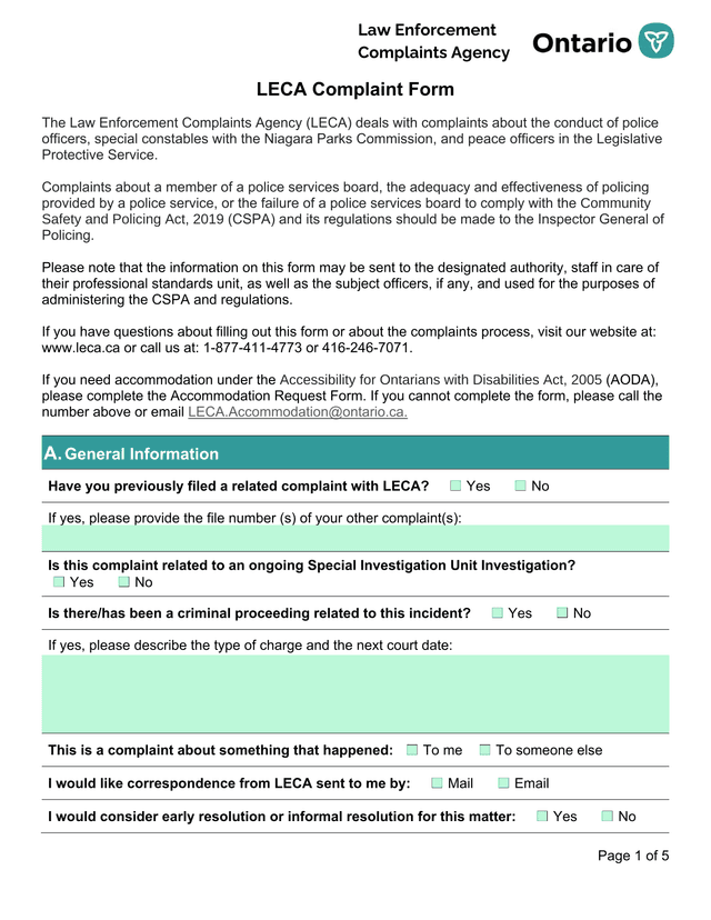 LECA Complaint Form screenshot