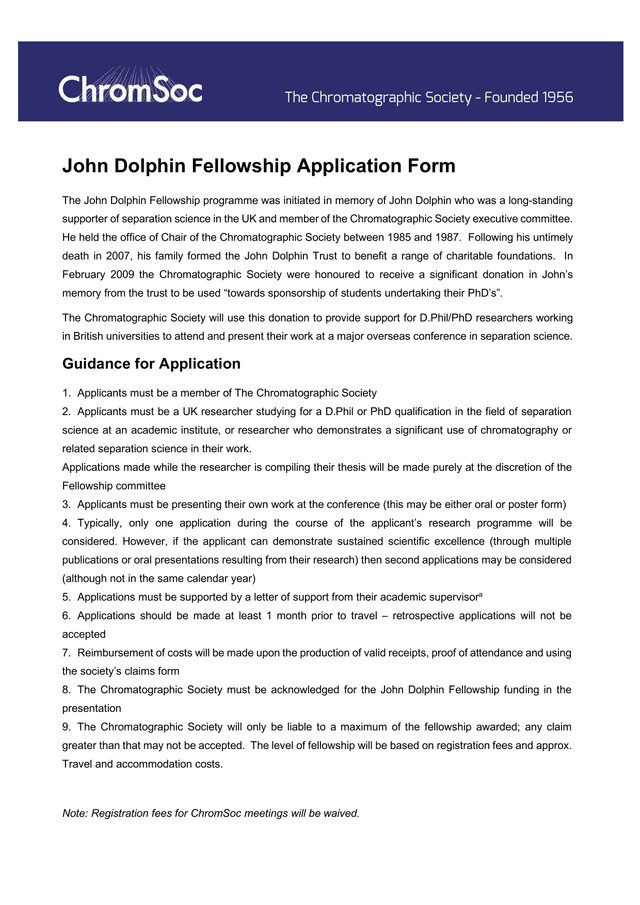 John Dolphin Fellowship Application Form screenshot