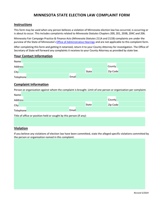 Minnesota State Election Law Complaint Form screenshot