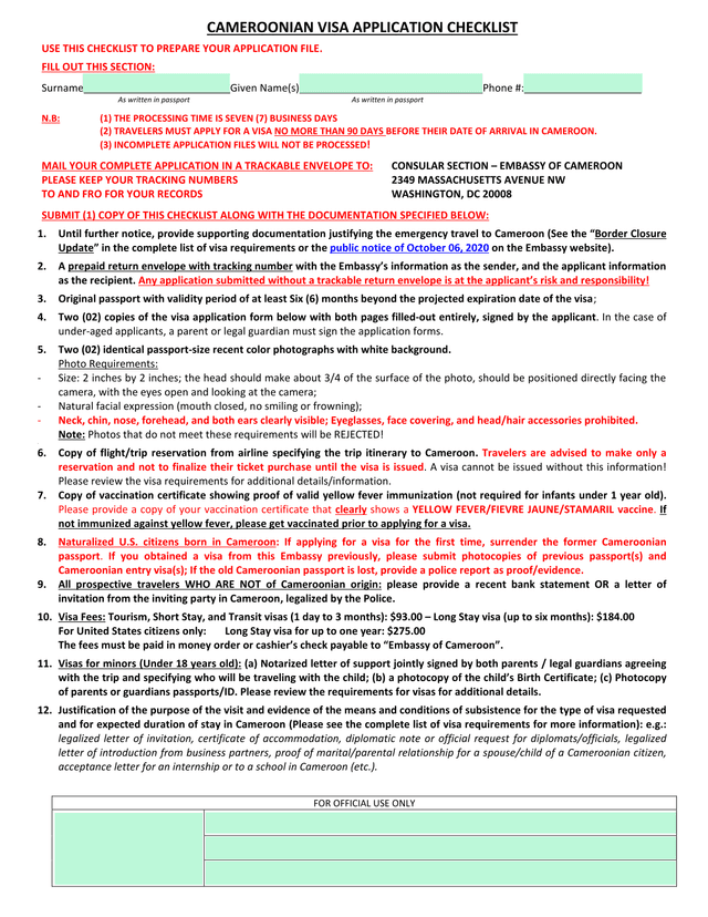 Cameroonian Visa Application Checklist screenshot