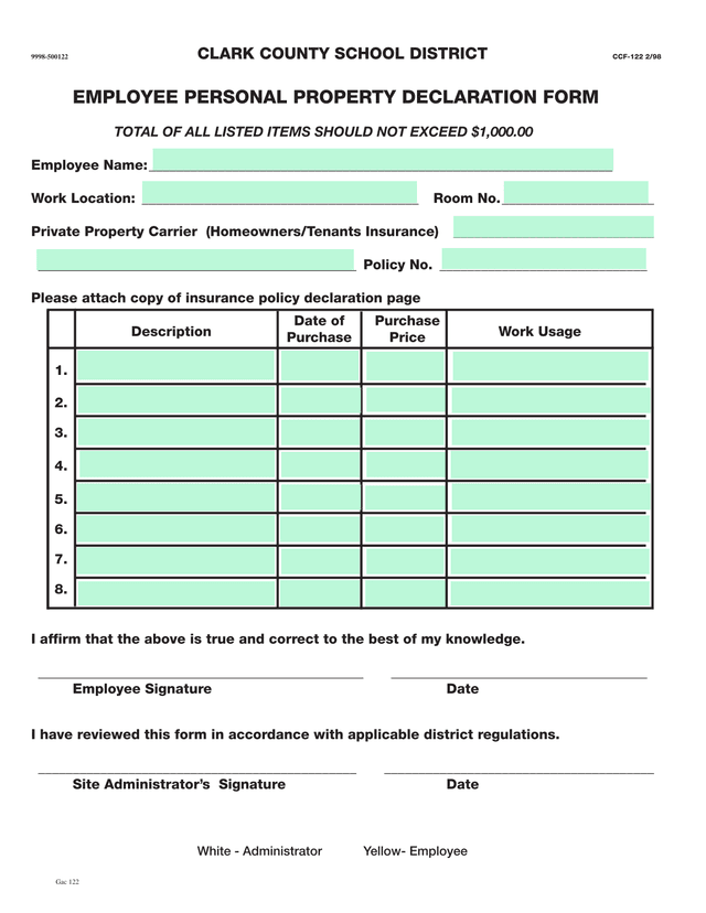 EMPLOYEE PERSONAL PROPERTY DECLARATION FORM screenshot