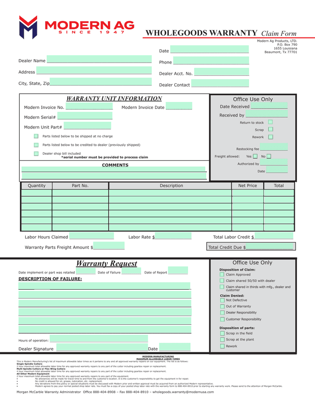 WHOLEGOODS WARRANTY Claim Form screenshot