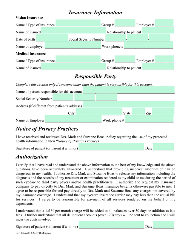 Insurance Information And Authorization Form screenshot