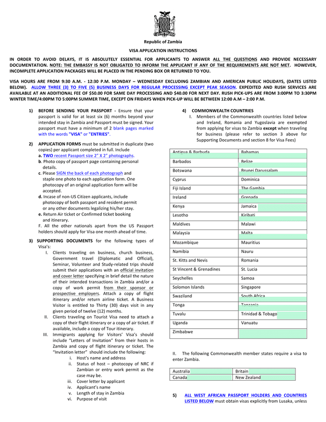 Republic Of Zambia Visa Application Instructions screenshot