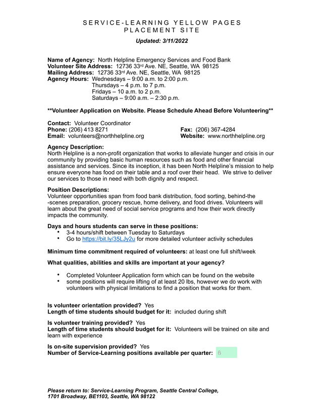 Service Learning Yellow Pages Placement Site   North Helpline Emergency Services And Food Bank screenshot