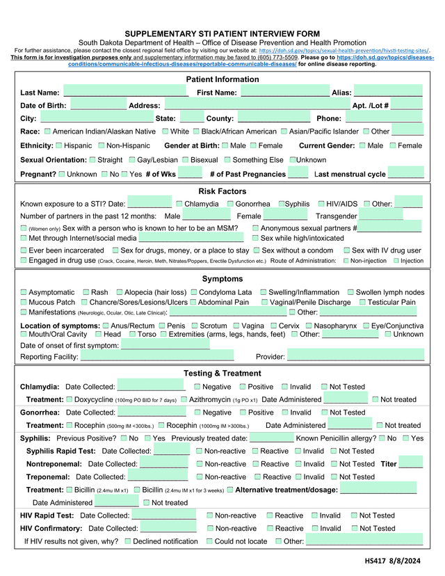 SUPPLEMENTARY STI PATIENT INTERVIEW FORM screenshot