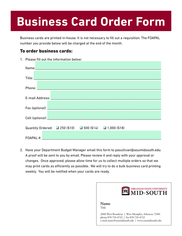 Business Card Order Form screenshot