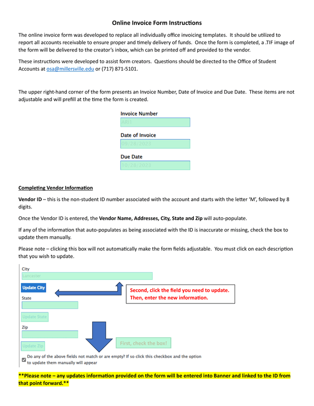 Online Invoice Form Instructions screenshot