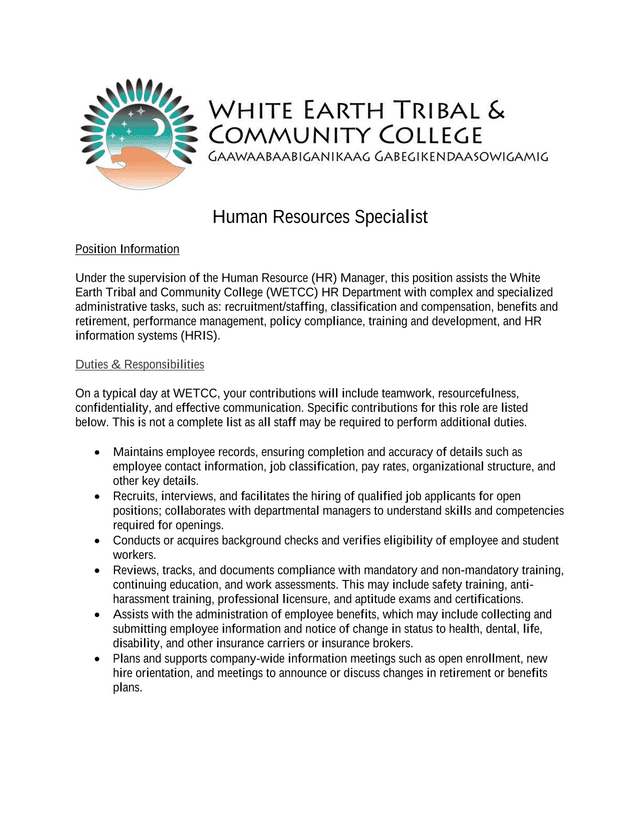 Human Resources Specialist Position Information screenshot