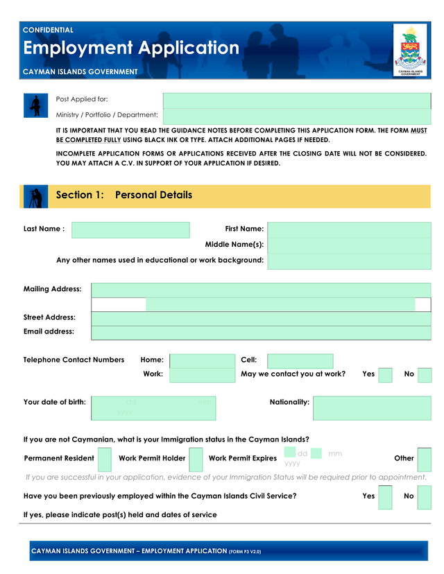 CAYMAN ISLANDS GOVERNMENT  EMPLOYMENT APPLICATION (FORM P3 V2.0) screenshot