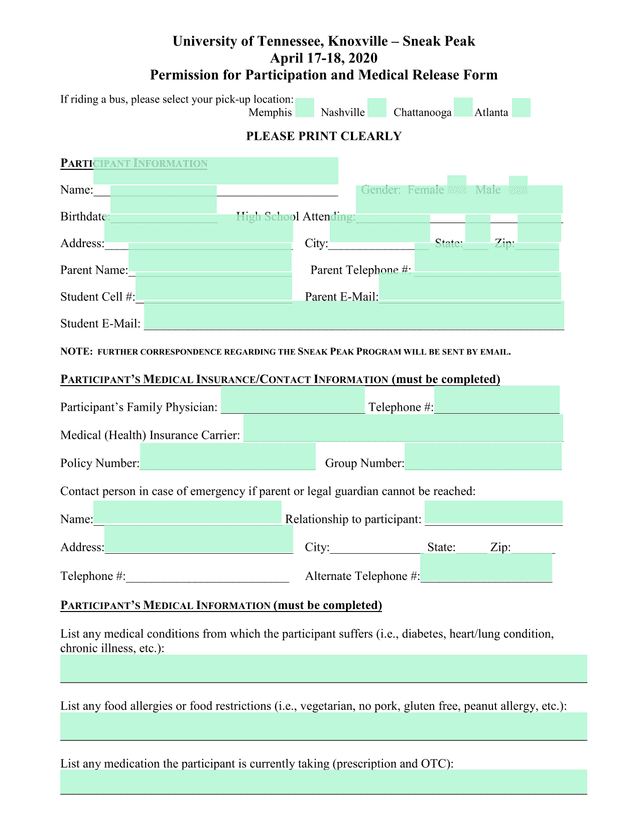 Permission For Participation And Medical Release Form screenshot