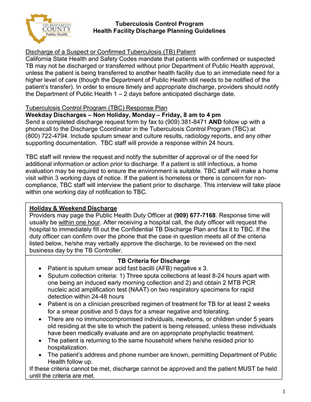 Tuberculosis Control Program Health Facility Discharge Planning Guidelines screenshot