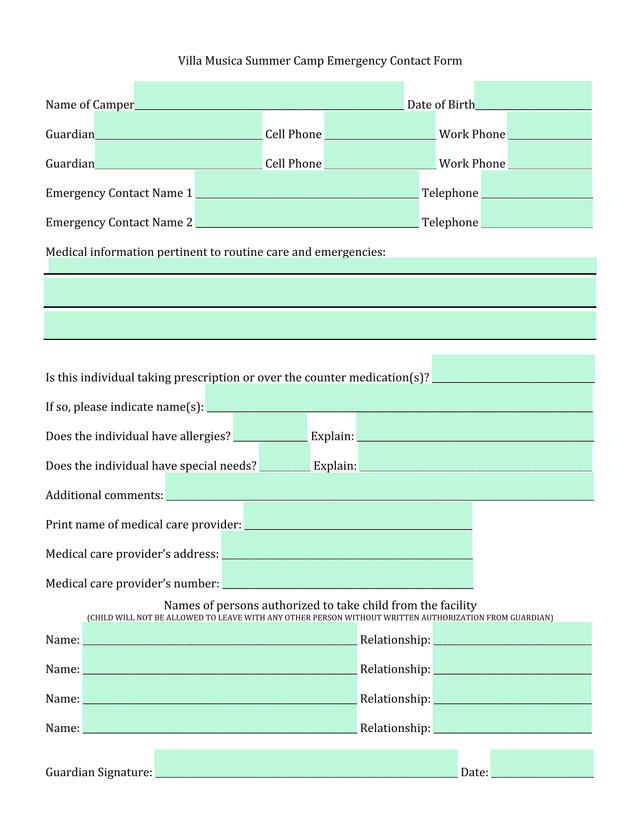 Villa Musica Summer Camp Emergency Contact Form screenshot