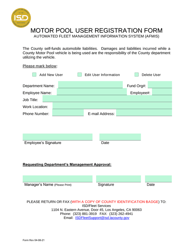 Motor Pool User Registration Form screenshot