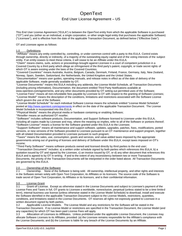 OpenText End User License Agreement  US screenshot