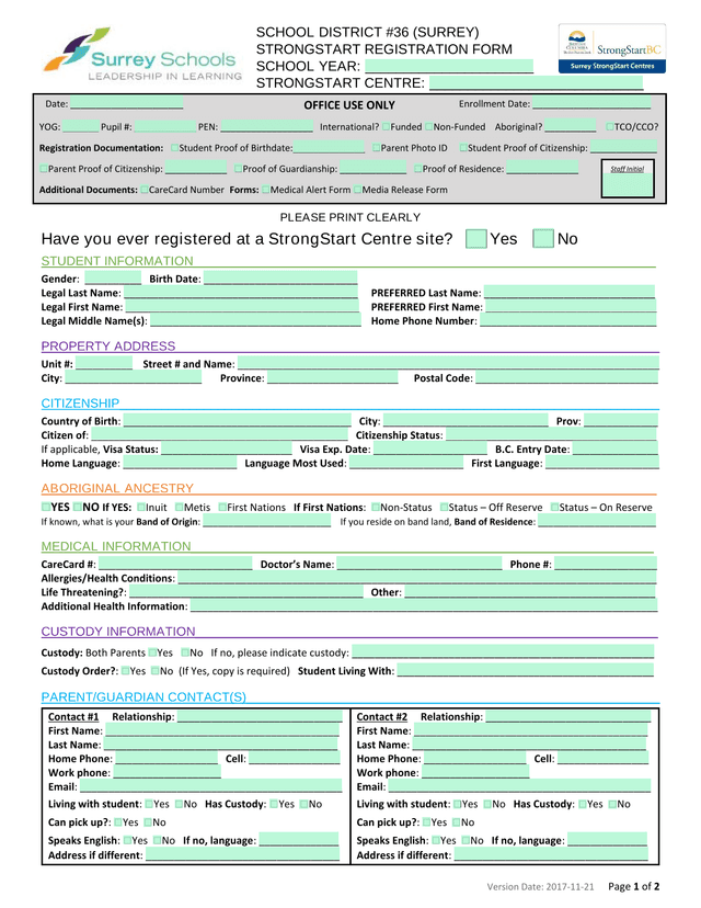 StrongStart Registration Form screenshot