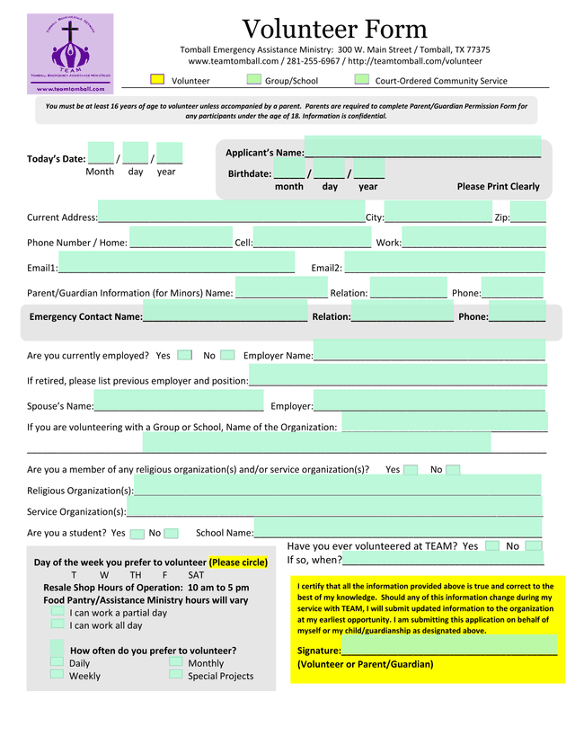Volunteer Form screenshot