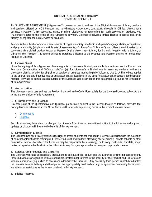 Digital Assessment Library License Agreement screenshot
