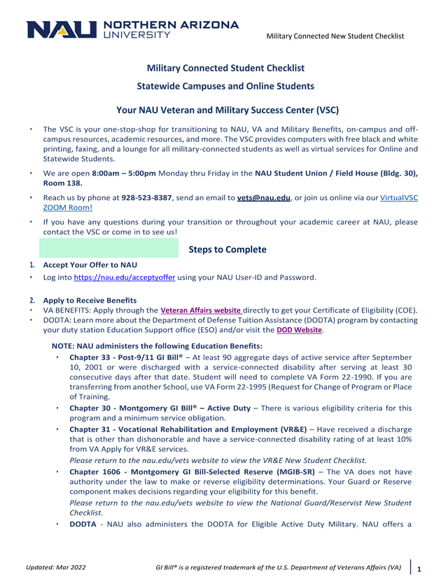 Military Connected New Student Checklist screenshot