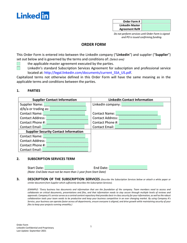 LinkedIn Order Form screenshot