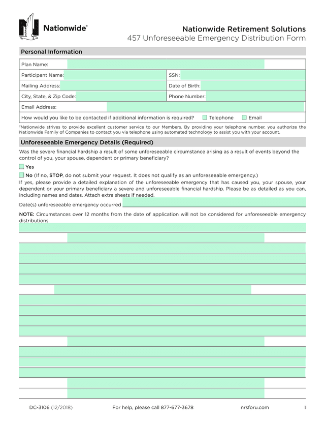 457 Unforeseeable Emergency Distribution Form screenshot