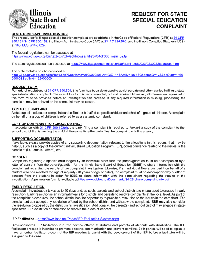 REQUEST FOR STATE SPECIAL EDUCATION COMPLAINT screenshot