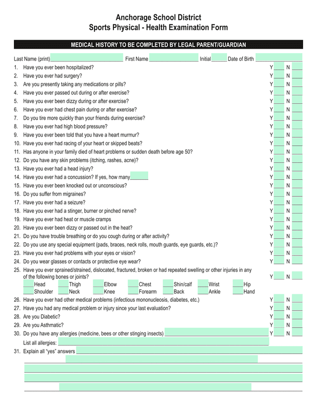 Sports Physical   Health Examination Form screenshot