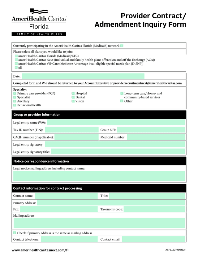 Provider ContractAmendment Inquiry Form screenshot