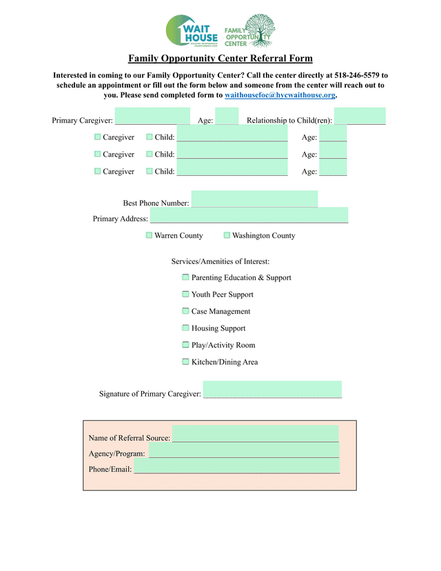 Family Opportunity Center Referral Form screenshot