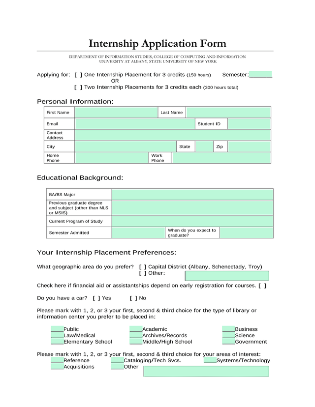 Internship Application Form screenshot