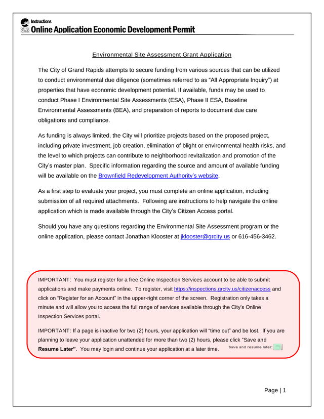 Online Application Economic Development Permit Environmental Site Assessment Grant Application screenshot