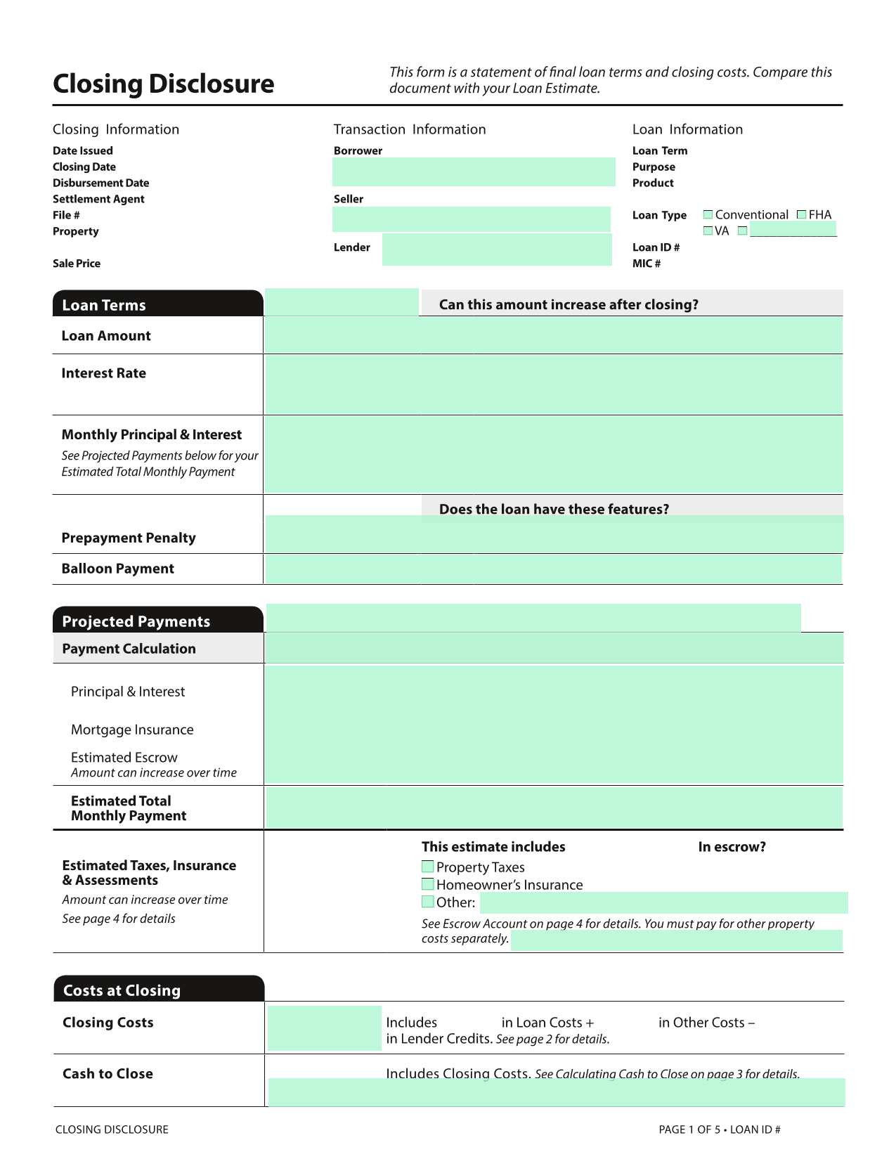 Closing Disclosure (Loan Disclosure Form) screenshot