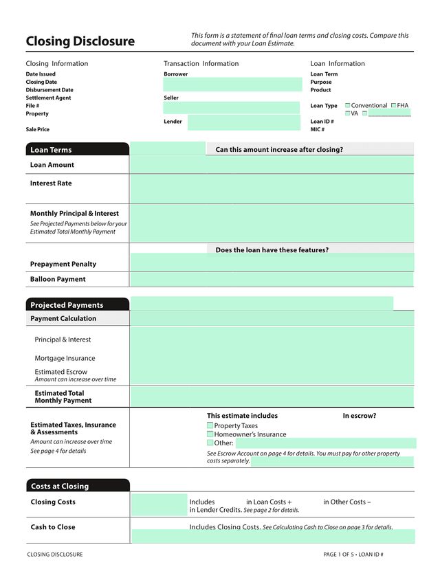 Closing Disclosure (Loan Disclosure Form) screenshot