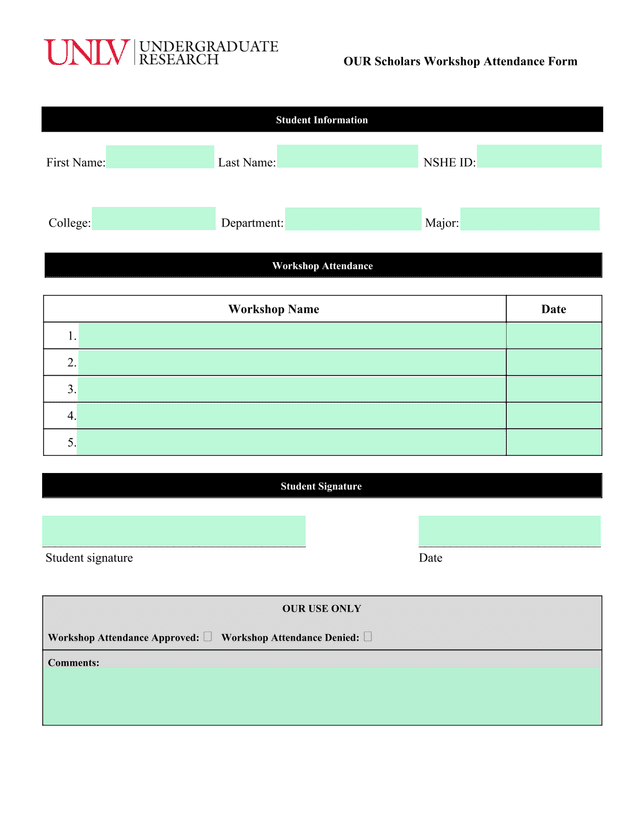 OUR Scholars Workshop Attendance Form screenshot