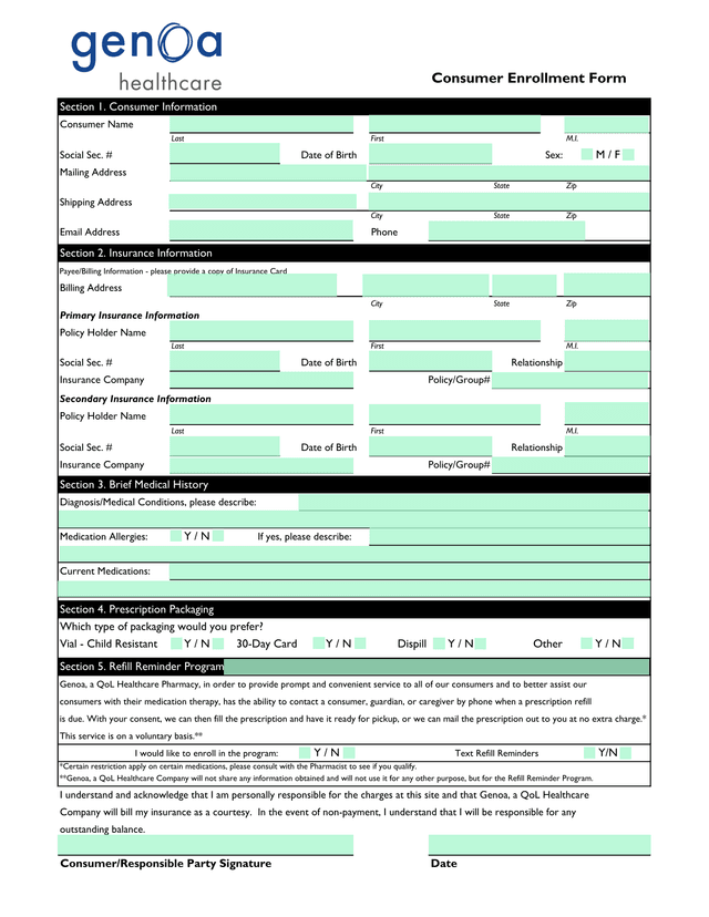 Section 5. Refill Reminder Program Consumer Enrollment Form screenshot