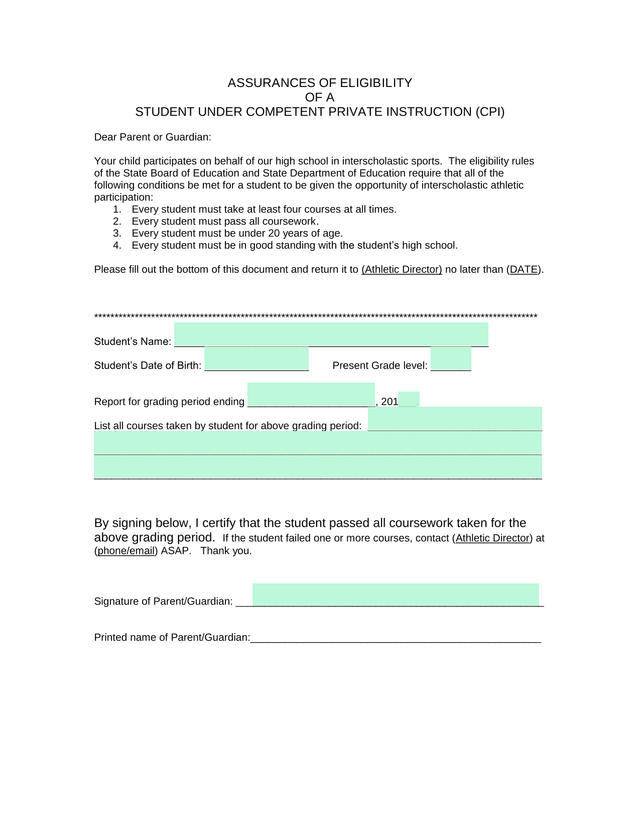 Assurances Of Eligibility Of A Student Under Competent Private Instruction (CPI) screenshot