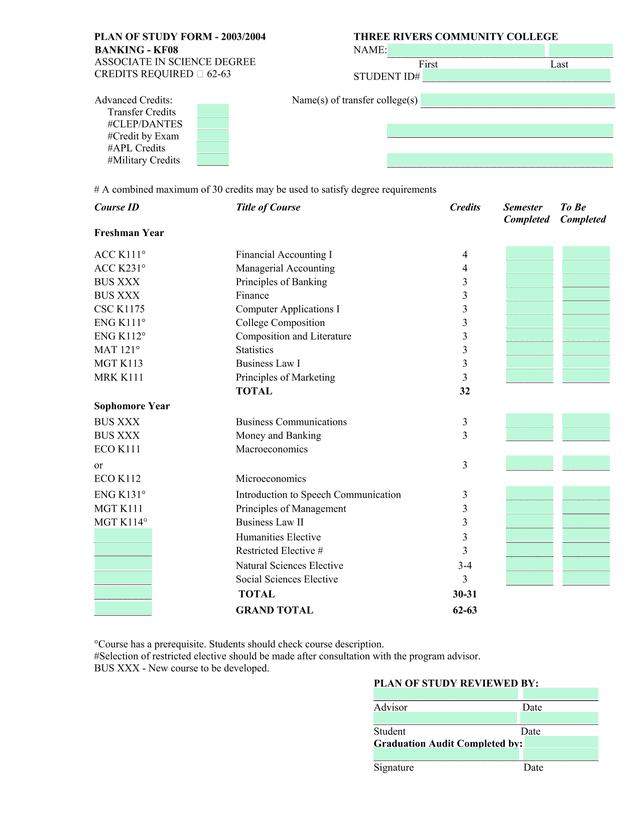 PLAN OF STUDY FORM   20032004 screenshot
