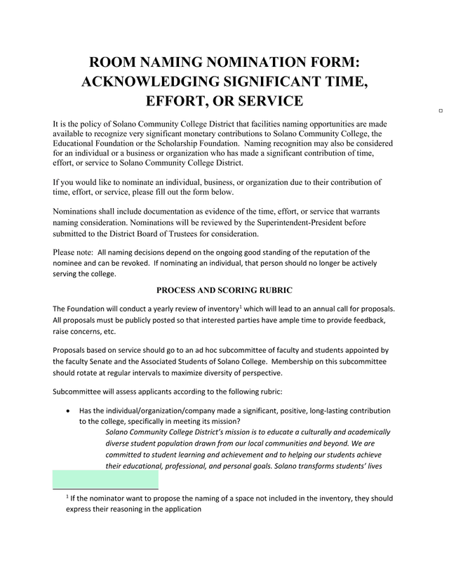 Room Naming Nomination Form screenshot