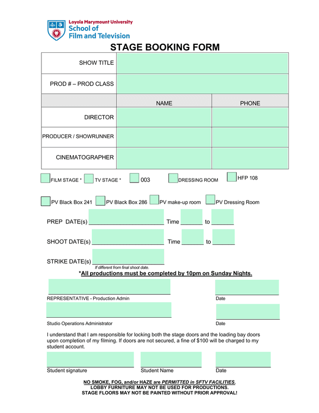 Stage Booking Form screenshot