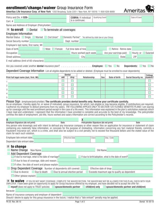 Dental Insurance EnrollmentWaiver Form screenshot