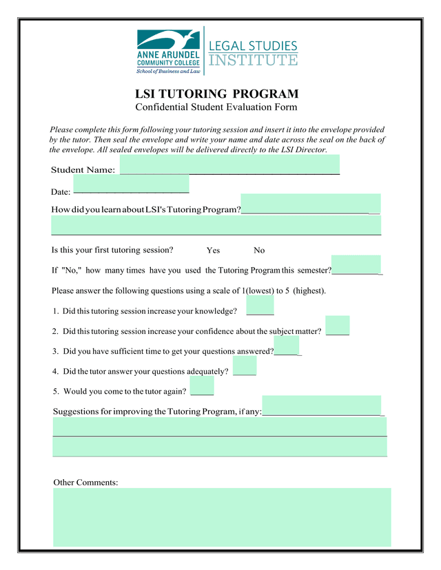 LSI Tutoring Program Confidential Student Evaluation Form screenshot