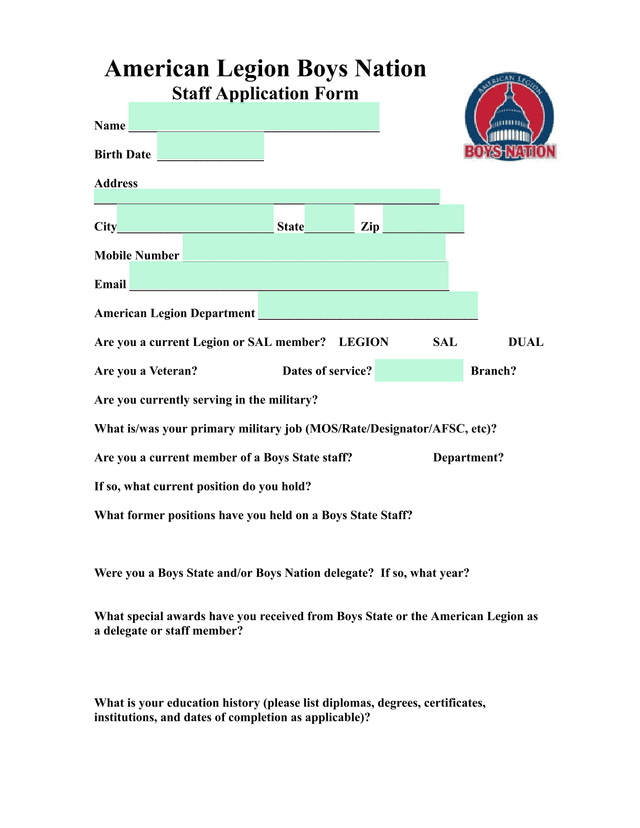 American Legion Boys Nation Staff Application Form screenshot