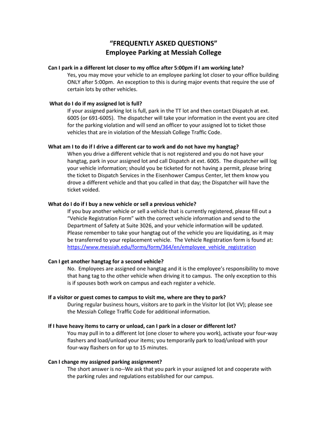 Employee Parking At Messiah College   Frequently Asked Questions screenshot