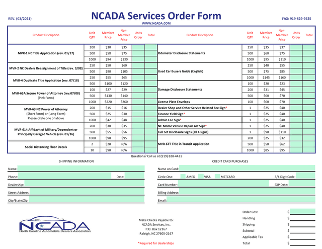 NCADA Services Order Form screenshot