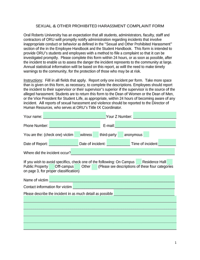 Sexual  Other Prohibited Harassment Complaint Form screenshot